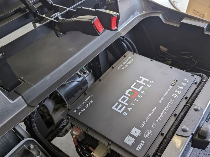 Lithium battery pack installed in a golf cart battery tray
