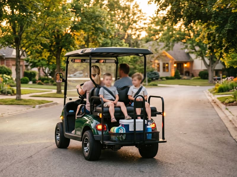 Golf cart driving through a suburban neighborhood street