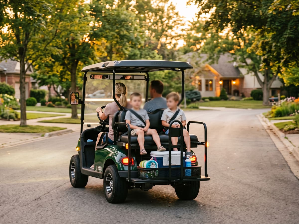 Golf cart driving through a suburban neighborhood street