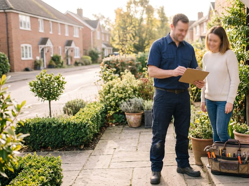 Handyman reviewing a written punch list with a homeowner at the front door