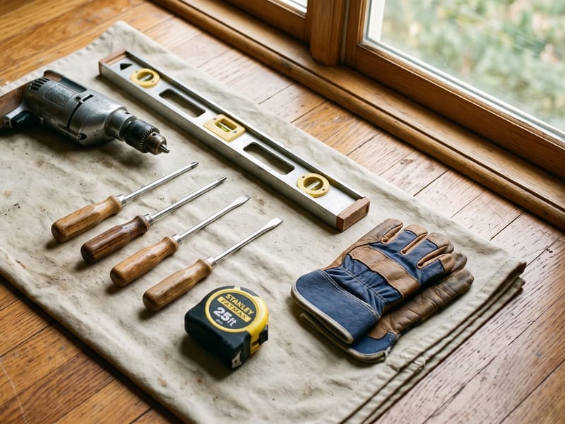Neatly organized hand tools laid out on a canvas drop cloth