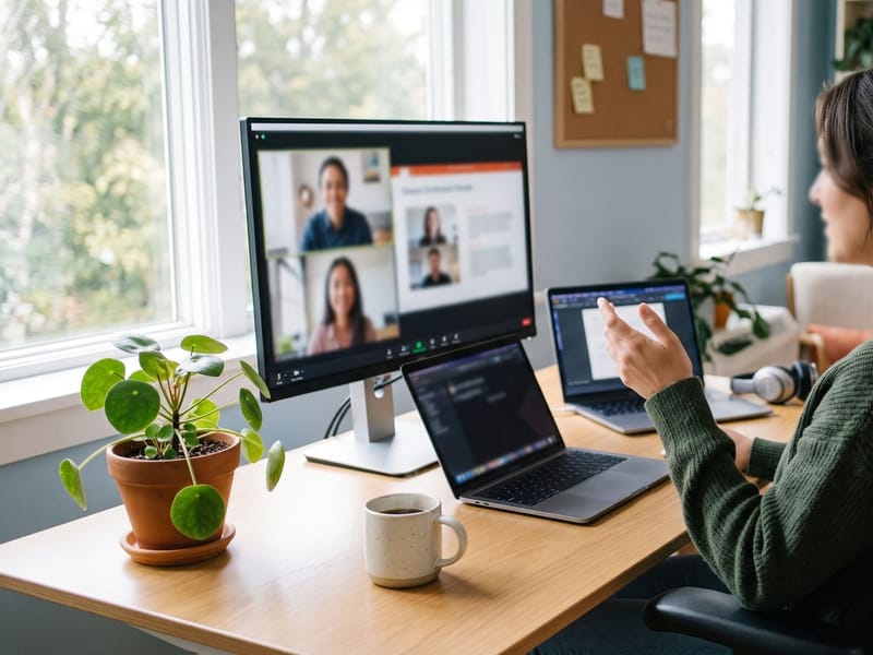 Home office desk with a laptop on a video call