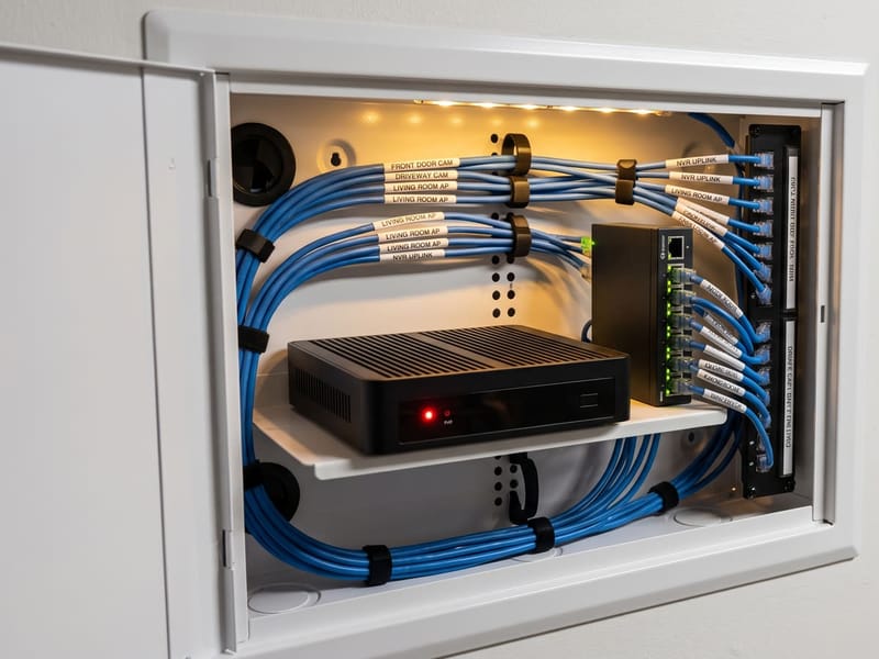 Network video recorder and PoE switch installed in a tidy structured-wiring cabinet