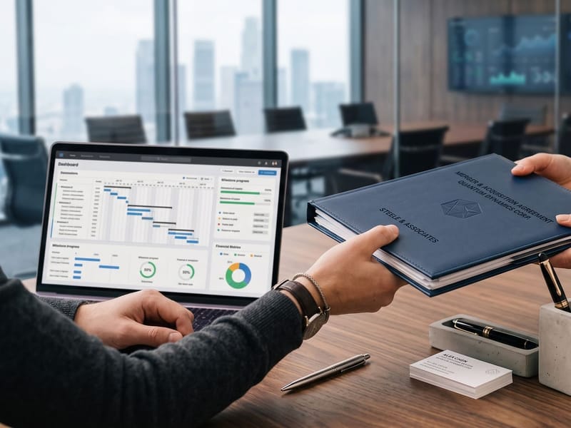 Developer handing over documentation and credentials across a desk