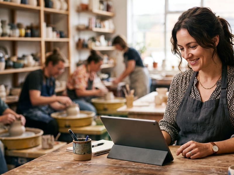 Small-business owner reviewing an automated dashboard on a tablet