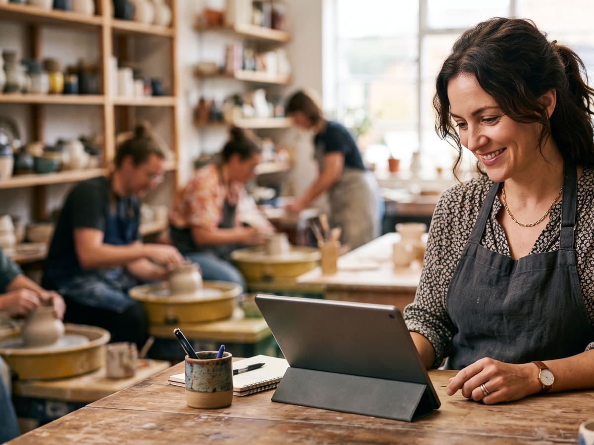 Small-business owner reviewing an automated dashboard on a tablet