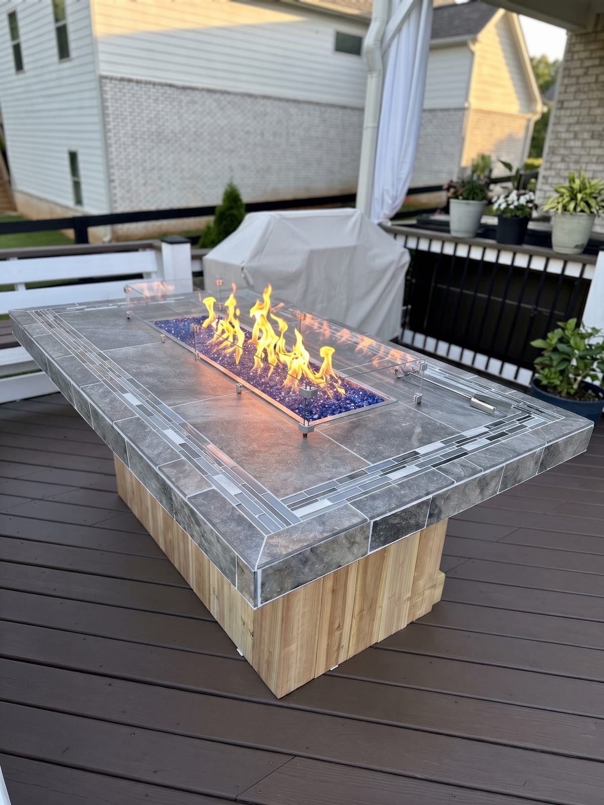 Custom-Built Tile & Wood Outdoor Fire Table