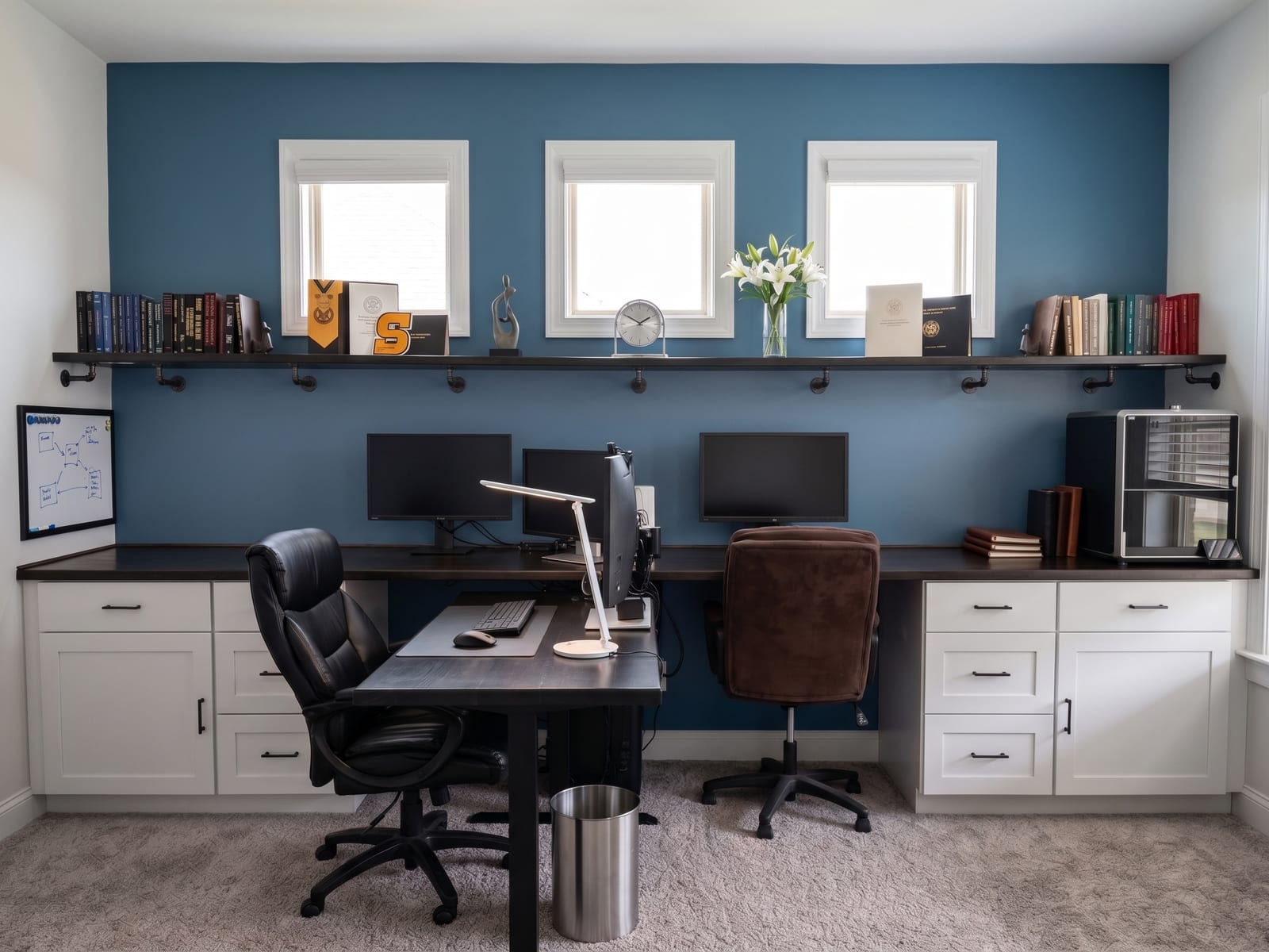 The Ultimate Custom Home Office Transformation: Multi-Monitor, Standing Desk, and Floating Shelves